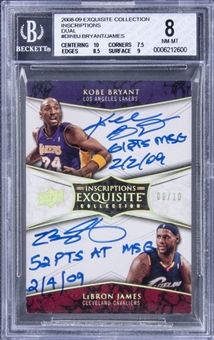 2008-09 UD "Exquisite Collection" Inscription Dual #DINBJ Kobe Bryant/LeBron James Dual Signed/Inscribed Card (#06/10) - BGS NM-MT 8/BGS 9